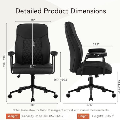 Furniliving Leather Office Chair, Comfy Home Office Desk Chair, Mid Century Modern Office Chair with Lumbar Support, Mid-Back Adjustable Swivel Computer Chair with Wheels and Arms, Black