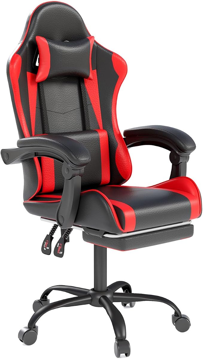 OS MOTOR Gaming Chair with Headrest and Lumbar Support, Ergonomic High Back Office Chair, Racing Style Executive Computer Desk Chair, Leather Adjustable Swivel Task Chair for Home Office (Red Black)