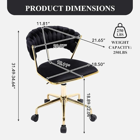 NIOIIKIT Home Office Chair, Velvet Upholstered Task Chair with Woven Open Back, 360° Swivel Desk Chair with Wheels, Adjustable Vanity Chair, Computer Chair for Office, Studio (Black)