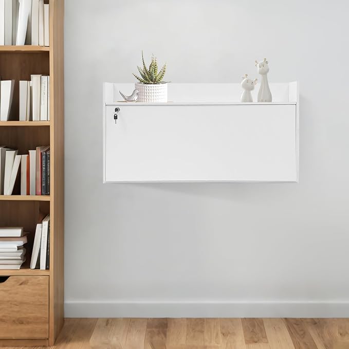 Wall Mounted Desk Multifunctional Fold Down Laptop Computer Table Writing Workstation with Storage Compartments Space Saving for Home Office (White)