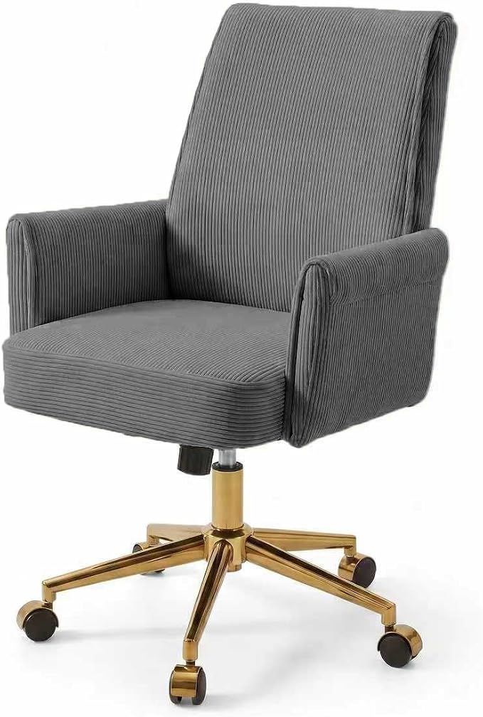 Stripes Velvet Home Office Desk Chair, Accent Upholstered Modern Height Adjustable Swivel Chair with Wheels,Ergonomic Task Chair for Living Room,Bedroom,Vanity,Study,Office（Gray）