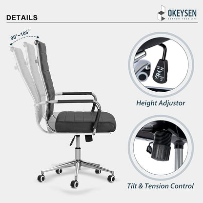 Okeysen Black Conference Room Chairs, Modern Ergonomic PU Leather Office Desk Chair Ribbed for Office, High Back Executive Swivel Rolling Task Chair for Home