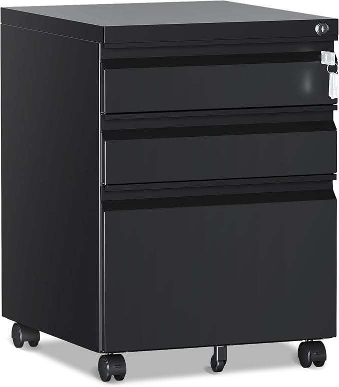RAVIGIN 3 Drawer File Cabinet，Mobile Filing Cabinet with Lock and Wheels，Un-Assembled Metal Under Desk File Cabinets for A4/Letter/Legal Size（Black