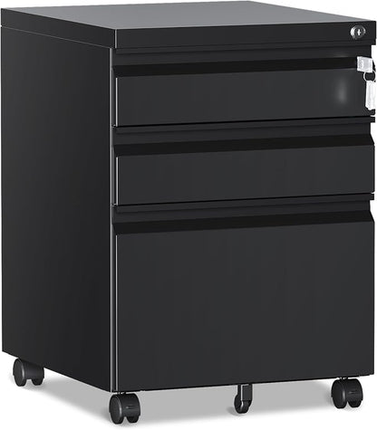 RAVIGIN 3 Drawer File Cabinet，Mobile Filing Cabinet with Lock and Wheels，Un-Assembled Metal Under Desk File Cabinets for A4/Letter/Legal Size（Black