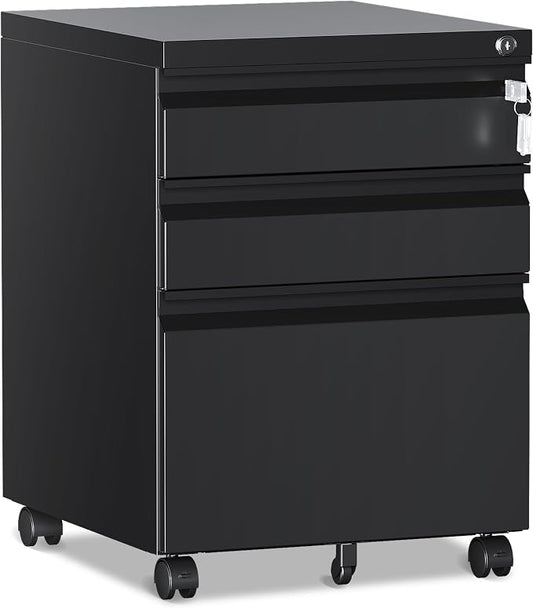RAVIGIN 3 Drawer File Cabinet，Mobile Filing Cabinet with Lock and Wheels，Un-Assembled Metal Under Desk File Cabinets for A4/Letter/Legal Size（Black