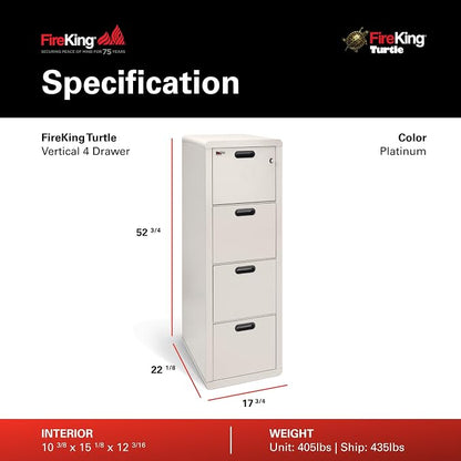 FireKing Turtle Contour - 4 Drawer Fire Safe File Cabinet with Key Lock - 1 Hour Fire Rated, UL Rated & Water Resistant Home Safe - Made in the USA Legal & Letter Filing Cabinet - Platinum