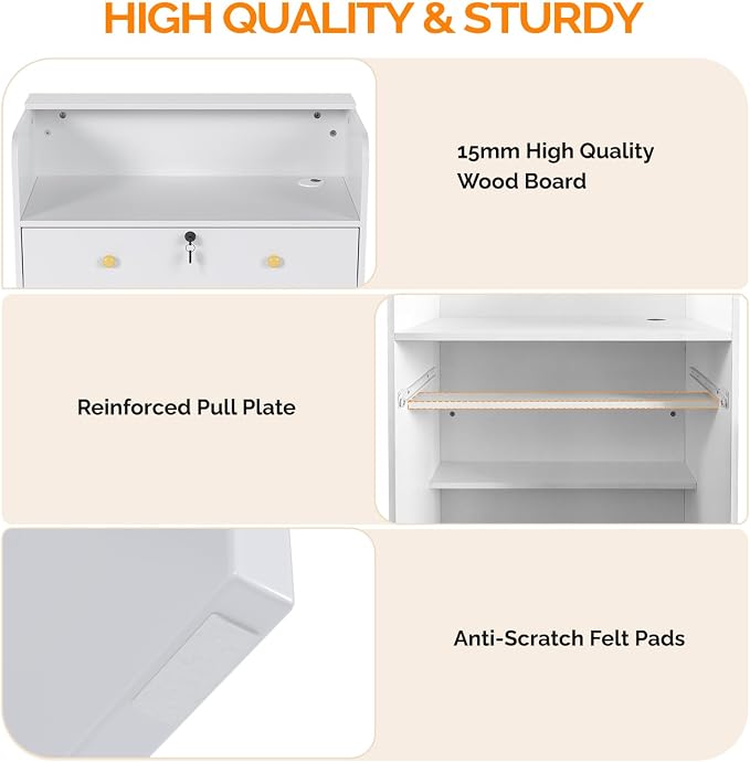 OmySalon Reception Desk with Counter, Small Front Desk w/Lockable Drawer, Wooden Modern Reception Table for Salon Lobby Office Home (White, 32)