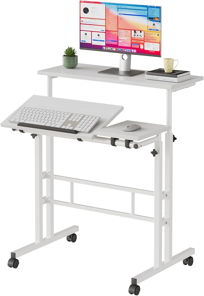 VECELO Mobile Small Standing Desk Adjustable Height, Computer Workstations with Tiltable Tabletop, Lockable Wheels, Portable Rolling Laptop Desk for Home Office, White