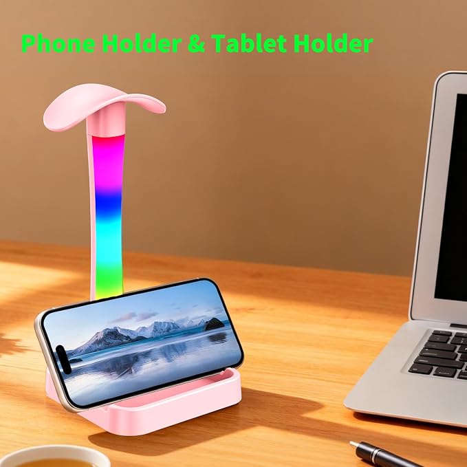 Headphone Stand with Charger,Gaming Headset stand with RGB Light Mode,For Airpod Max Stand,Desk Lamp,Phone Holder,Tablet Holder,desktop organizer,Gifts for Gamers & Music Lover (Pink)