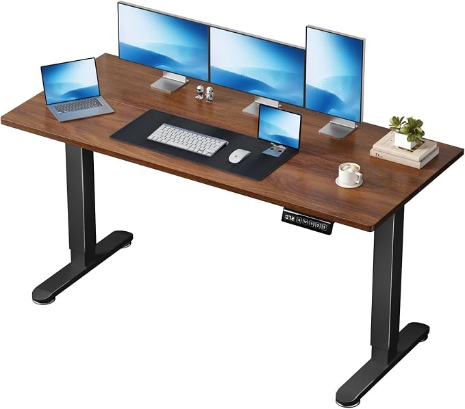Electric Standing Desk, 39.4 x 23.6 Inches Sit Stand up Desk, Home Office Desk with 3 Memory Height Settings, Black Frame/Walnut Wood Color Top