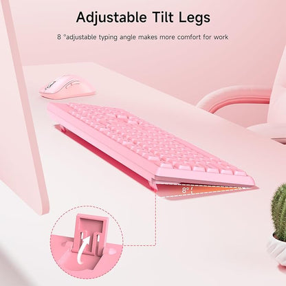 memzuoix Wireless Keyboard and Mouse Combo, 2.4G Full-Size Ergonomic Set with 1400 DPI Mouse, Lag-Free USB Receiver, 6-Month Battery Life for PC/Laptop/Windows/Mac (Pink)