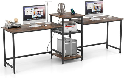 Tangkula 97" Extra Long 2-Person Computer Desk with Power Outlet, Home Office Computer Workstation with Printer Stand, Metal Mesh Shelf & CPU Stand, Double Gaming Table (Rustic Brown)