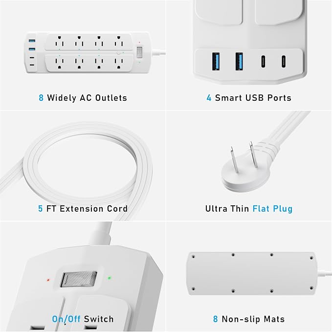 2 Prong Smart Plug Power Strip, Yozisital 2 Prong to 3 Prong Outlet Adapter, Surge Protector 2000J, 5 FT Flat Plug Extension Cord with 8 Outlets 4 USB Ports(2 USB C), Wall Mountable, White
