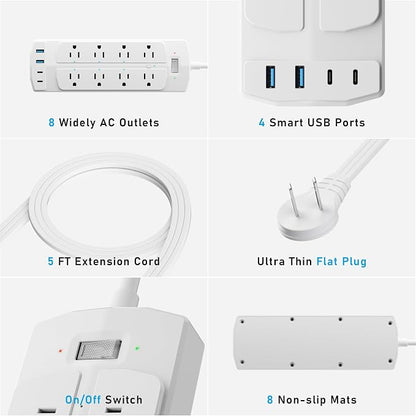 2 Prong Smart Plug Power Strip, Yozisital 2 Prong to 3 Prong Outlet Adapter, Surge Protector 2000J, 5 FT Flat Plug Extension Cord with 8 Outlets 4 USB Ports(2 USB C), Wall Mountable, White