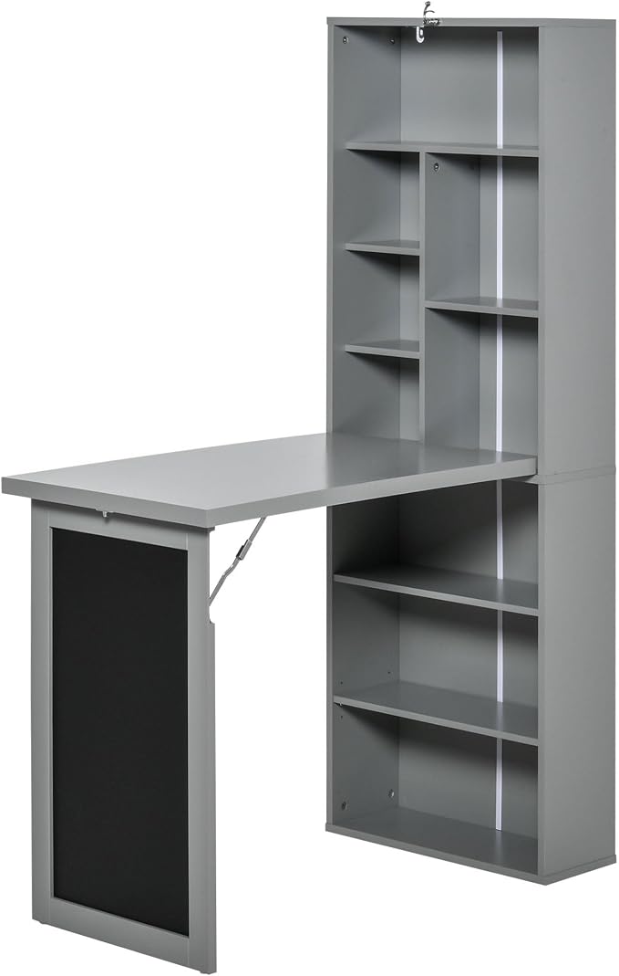 Foldable Wall Mounted Desk with Storage Shelves, Fold Out Convertible Computer Table with Blackboard, Folding Writing Table Workstation for Small Spaces,Home Office (Grey)