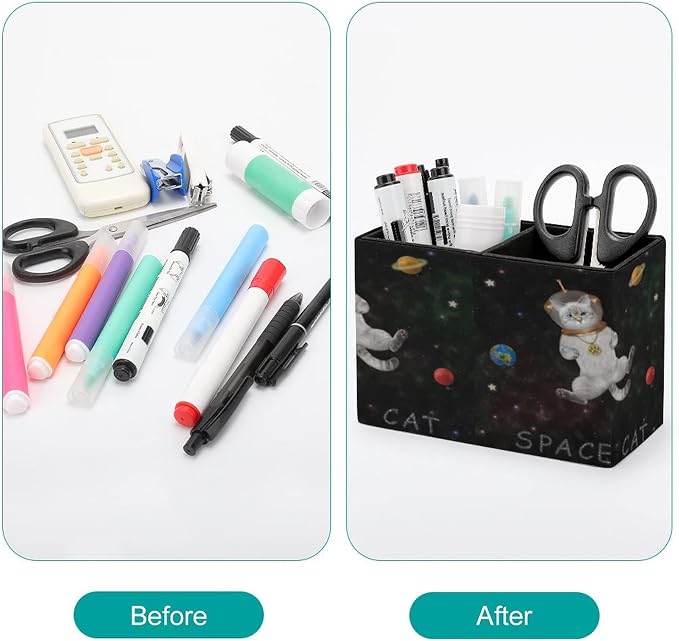 Niapessel Pencil Holder for Desk, Cat Astronaut Outer Space Pen Holder Storage Desktop Pen Organizer Desk Pencil Organizer Makeup Brush Holder for Office School College Leather