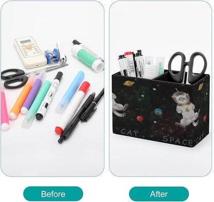 Niapessel Pencil Holder for Desk, Cat Astronaut Outer Space Pen Holder Storage Desktop Pen Organizer Desk Pencil Organizer Makeup Brush Holder for Office School College Leather