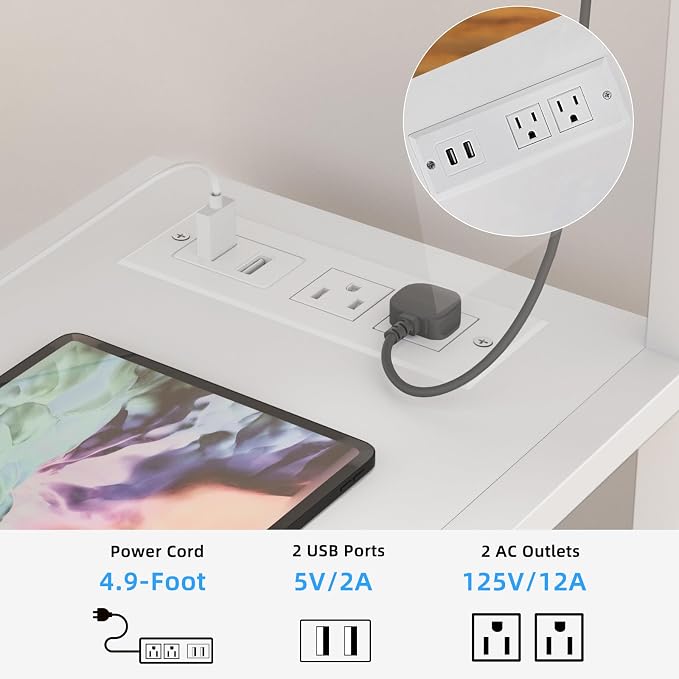 Lerliuo Printer Stand with Charging Station and USB Ports, Large 3-Tier Mobile Printer Table with Storage Shelf, White Rolling Industrial Printer Cart with Lockable Wheels for Home Office