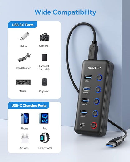 Powered USB 3.0 Hub, Wenter 5-Port USB Hub Splitter (4 Faster Data Transfer Ports+ 1 Type-C Charging Ports) with Individual LED On/Off Switches, USB Hub 3.0 Powered with Power Adapter for Mac, PC