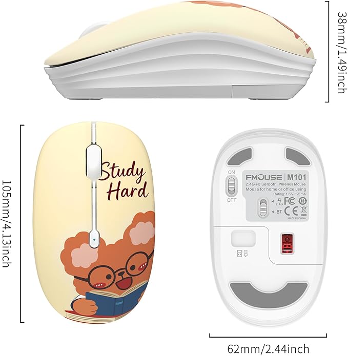 FMOUSE Cute Wireless Mouse, Bluetooth & 2.4GHz Dual Mode with USB Receiver, Silent Click, AA Battery Powered, for Students Kids Study School, Compatible with Laptop Mac iPad PC (Study Buddy Bear)