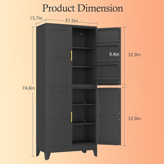 Black Pantry Storage Cabinet, 75" Kitchen Pantry with Doors and 3 Adjustable Shelves, Metal Freestanding Buffet Cupboards Sideboard, for Office, Home, Garage, School