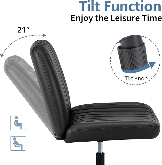 DUMOS Criss Cross Chair No Wheels, Wide Seat Cross Legged Office Desk Vanity Chair, Faux Leather Armless Height Adjustable Swivel Task Computer Chairs for Home, Study, Black PU