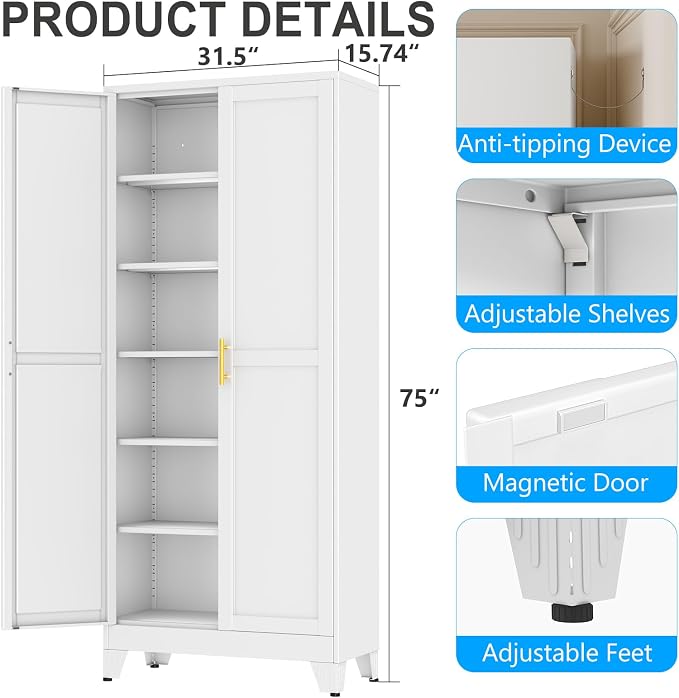 pozdeg 75" Tall Metal Storage Cabinet with 2 Doors & 5 Adjustable Shelves, Steel File Cabinet Multipurpose Organizer for Home Office Garage (White)