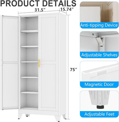 pozdeg 75" Tall Metal Storage Cabinet with 2 Doors & 5 Adjustable Shelves, Steel File Cabinet Multipurpose Organizer for Home Office Garage (White)