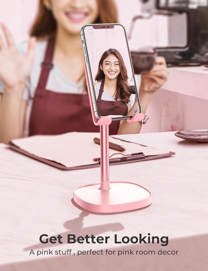 LISEN Phone Stand for Desk, iPhone Holder for Desk Offices Accessories | Vanity Decor, Cute Design, Pink Gifts Gadgets, Pink Bathroom Living Dorm Room Essentials Decor, iphone stand for desk