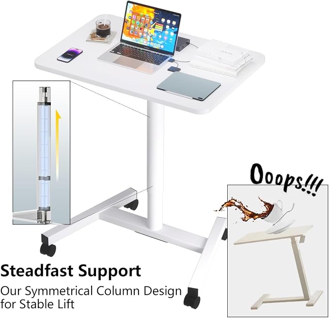 28-Inch Mobile Standing Desk, Computer Workstations with Cup Holder, Portable Standing Desk with Lockable Wheels, Rolling Table for Home Office Classroom Hospital (White)
