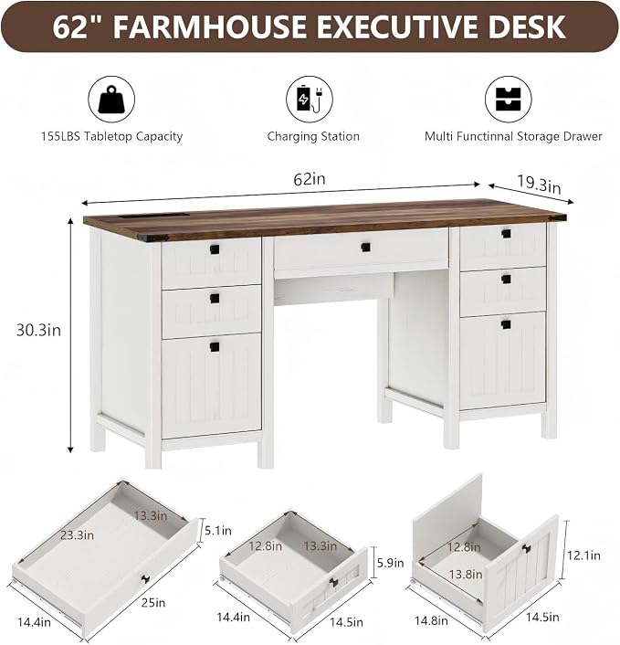 62 Inch Antique White Farmhouse Computer Desk | Center Drawer, 4 Storage Drawers (1 File Drawer) & Side Cabinet, Built-in USB Power Ports for Home Office & Bedroom Workspace