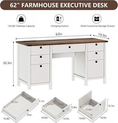 62 Inch Antique White Farmhouse Computer Desk | Center Drawer, 4 Storage Drawers (1 File Drawer) & Side Cabinet, Built-in USB Power Ports for Home Office & Bedroom Workspace