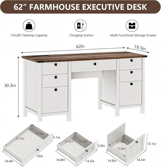 62 Inch Antique White Farmhouse Computer Desk | Center Drawer, 4 Storage Drawers (1 File Drawer) & Side Cabinet, Built-in USB Power Ports for Home Office & Bedroom Workspace