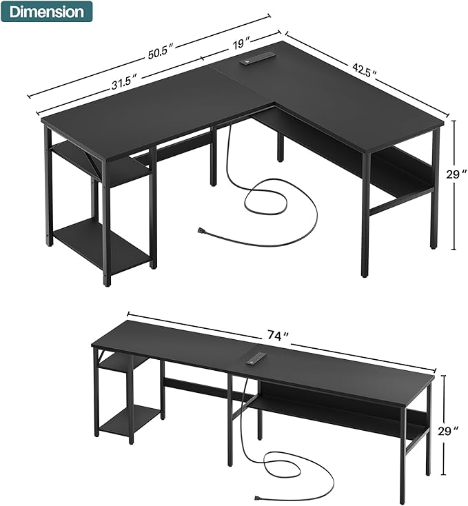 Unikito Reversible L Shaped Desk with Magic Power Outlets and USB Charging Ports, Sturdy Corner Computer Desk with Storage Shelves, Gaming Table Home Office Desk, Easy to Assemble, Black