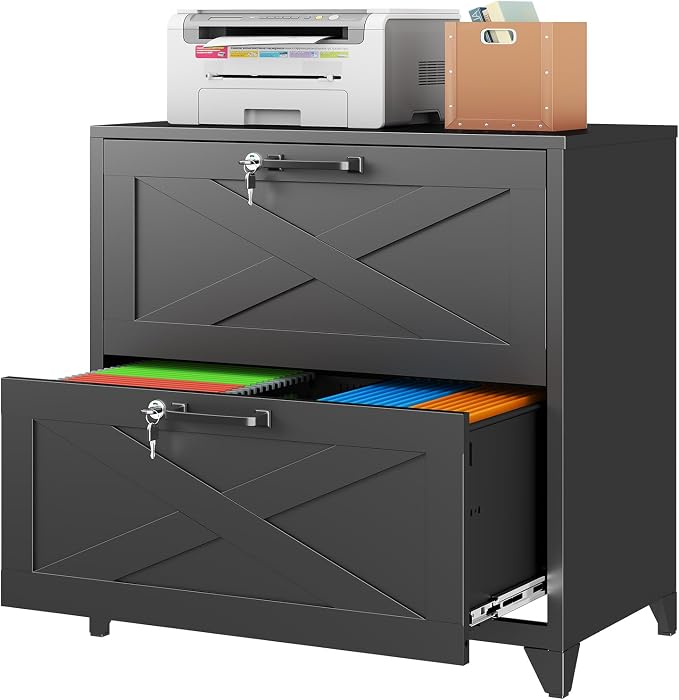 Farmhouse File Cabinet with Lock, Lateral File Cabinet with 2 Large Drawer for Letter/Legal/A4 Hanging Files,File Storage Cabinets Printer Stand for Home Office School, Black