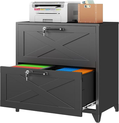 Farmhouse File Cabinet with Lock, Lateral File Cabinet with 2 Large Drawer for Letter/Legal/A4 Hanging Files,File Storage Cabinets Printer Stand for Home Office School, Black