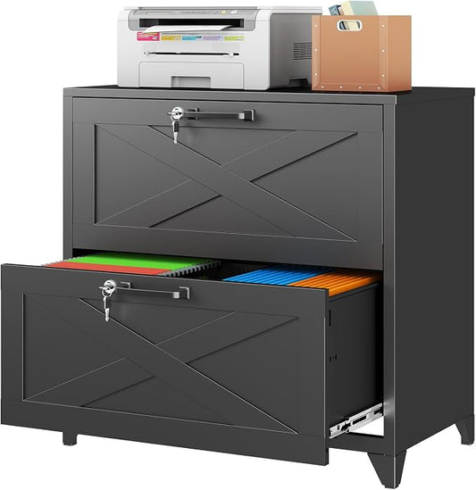 Farmhouse File Cabinet with Lock, Lateral File Cabinet with 2 Large Drawer for Letter/Legal/A4 Hanging Files,File Storage Cabinets Printer Stand for Home Office School, Black