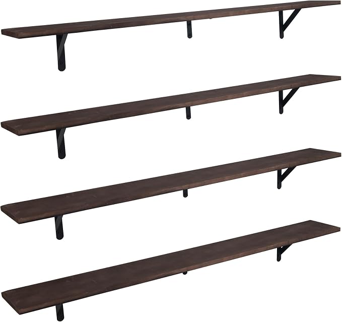 Long Wall Shelf,Large Floating Shelves for Wall,Wood Floating Bookshelves Hanging,Book Storage Display for Living Room Bedroom Office Bathroom Decor,4 Pack,57 Inch,Dark Brown