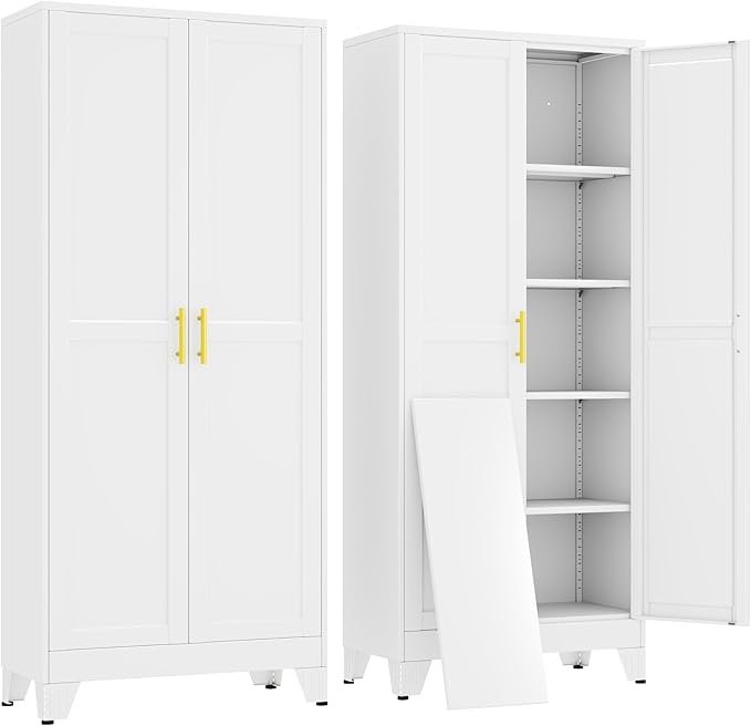 erosoei 71" H Metal Garage Storage Cabinet, Metal Pantry Cabinet with 2 Doors, Locker Steel Cabinet with 4 Adjustable Shelves, Freestanding Cupboard for Garage,Office,Home,Gym,School