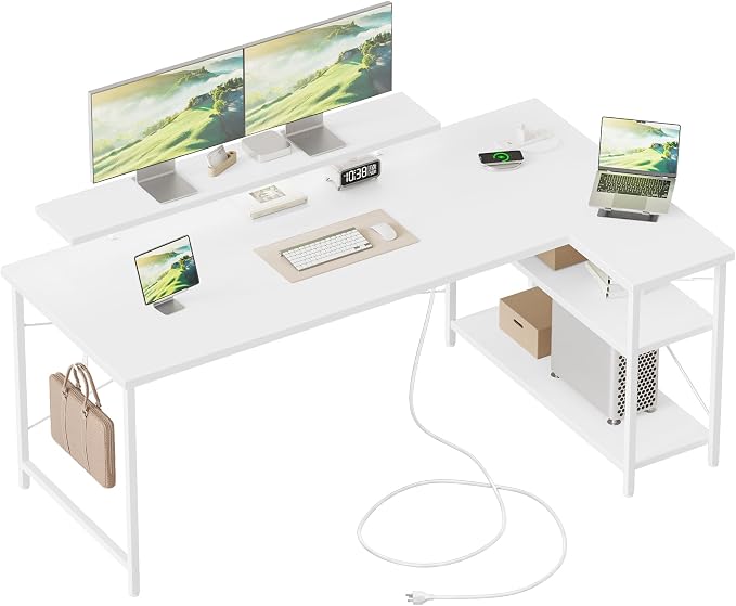 Mericonia Small L Shaped Computer Desk with Power Outlets, Reversible Gaming Desk with Storage Shelves & Monitor Stand, Corner Gamer Desk Table, Study Writing Table