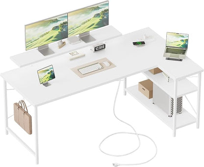 Mericonia Small L Shaped Computer Desk with Power Outlets, Reversible Gaming Desk with Storage Shelves & Monitor Stand, Corner Gamer Desk Table, Study Writing Table