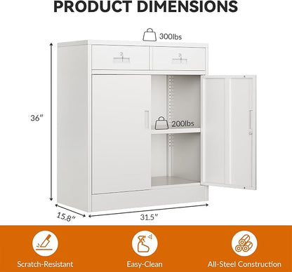 BESFUR Metal Storage Cabinet, Garage Storage Cabinet with 2 Drawers and Adjustable Shelf, Locking Short Storage Cabinet for Office Garage Home, White Metal Cabinets(36" H x 31.5" W x 16" D)
