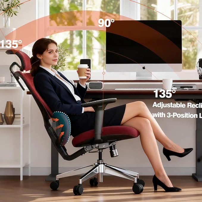 Jacia House Red Ergonomic Mesh Home Office Chair, Big & Tall Gaming Chair - High-Adjustable Lumbar Support, 4D Armrests, 2D Headrest, 90°~135° Tilting with Lock, Swivel Desk Chairs 600lb Capacity