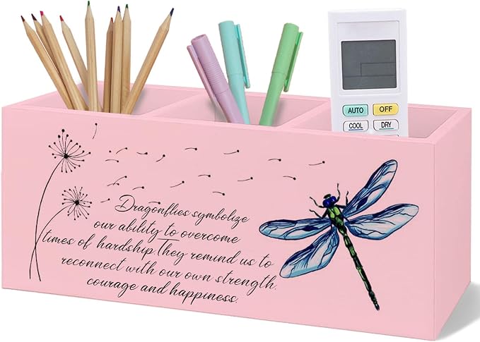 Dragonfly Dandelion Decorative Pink Pencil Holder for Desk,Pink Bookmark Holder Decor, Pen Caddy for Desk Decorative, Motivational Gifts for Women