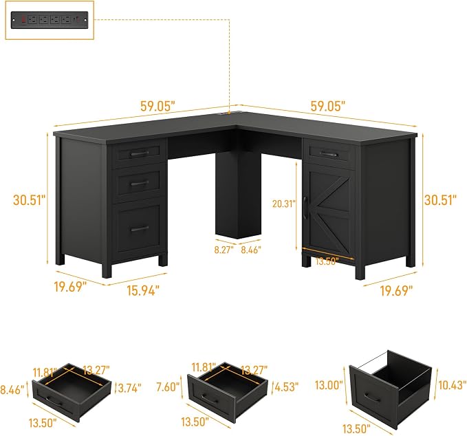 Vabches 59” L Shaped Executive Desk with Power Outlets, Farmhouse Home Office Desk with File Drawer,Storage Cabinet, Wood Corner Sturdy Writing Workstation.Black