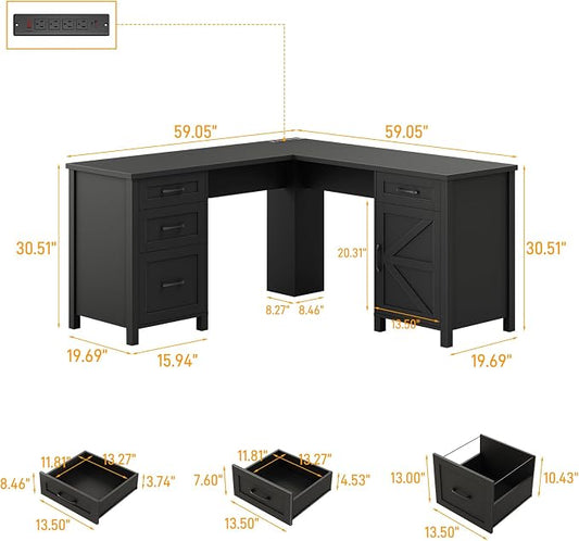 Vabches 59” L Shaped Executive Desk with Power Outlets, Farmhouse Home Office Desk with File Drawer,Storage Cabinet, Wood Corner Sturdy Writing Workstation.Black