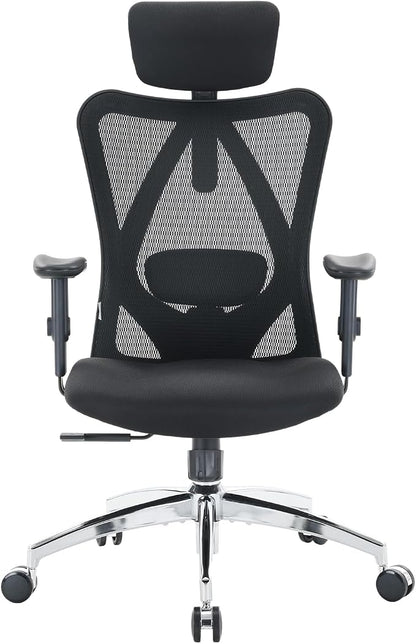 SIHOO M18 Ergonomic Office Chair, High Back Mesh Desk Chair with Adjustable Headrest & Lumbar Support, 330lbs Capacity Computer Chair with 2D Armrests & Wide Cushion, Tilt Lock, for Home Office-Black
