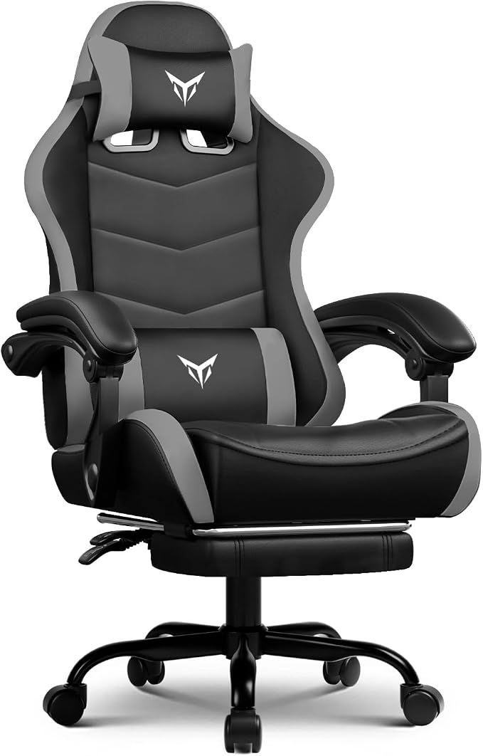 GTPLAYER Gaming Chair High Back Computer Chairs with Foot Rest for Adults, Ergonomic Height Adjustable Recliner Chair 300lbs with Linkage Armrest and Lumbar Support for Home Office, Grey