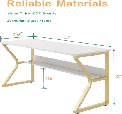 OSCHF Double Long Desk with Bookshelf - 55" Extra Long Writing Table for 2-Person Workstation, Modern Study Work Computer Desk for Home and Office, Gold
