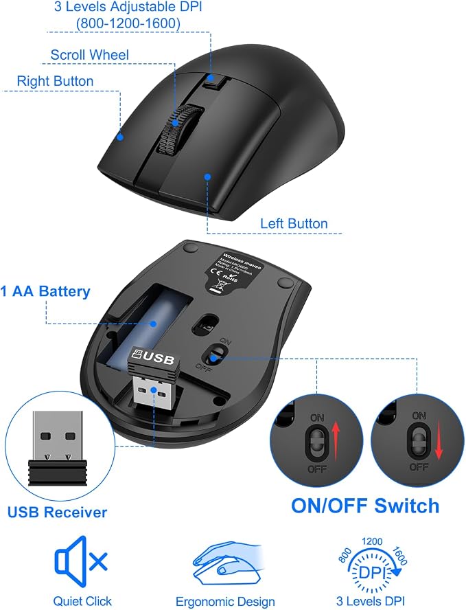 EDJO Wireless Keyboard and Mouse Combo, Silent Full-Sized 2.4GHz Wireless Keyboard and Adjustable DPI Mouse with USB Receiver, Auto-Sleep, for Laptop, Computer, PC